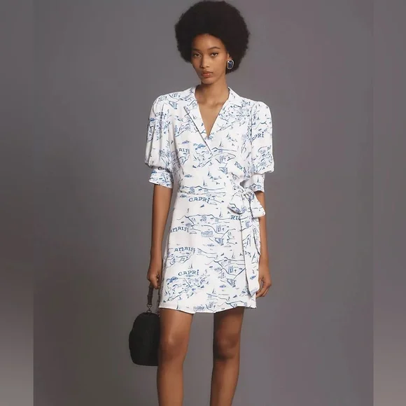 Anthropologie Maeve Short-Sleeve Collared Wrap Mini Dress Amalfi Capri Sz Small - Picture 2 of 9